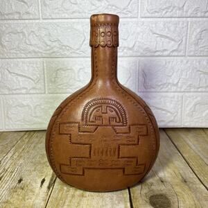 Aztec Mexico Vintage Leather‑Wrapped Green Glass Jug Decanter – Tribal Motif